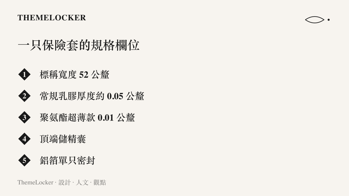 清單列出保險套的五項規格欄位：標稱寬度五十二公釐、常規乳膠厚度約零點零五公釐、聚氨酯超薄款的零點零一公釐、頂端儲精囊與鋁箔獨立密封包裝