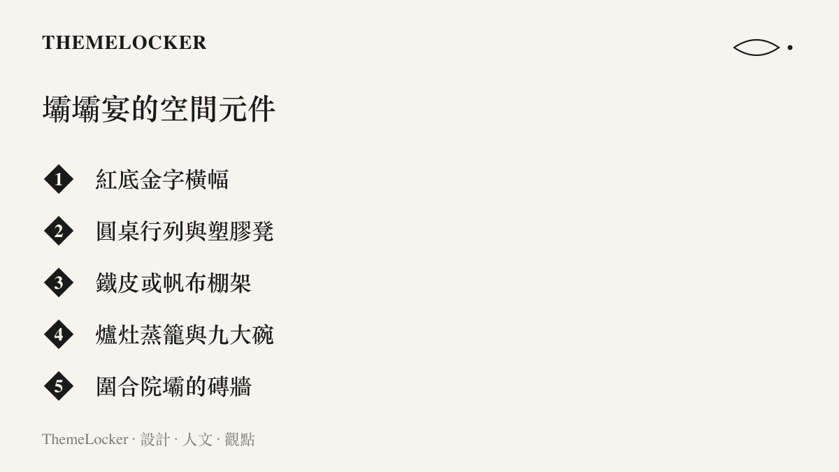清單圖卡列出四川壩壩宴的五項空間元件，包含紅底金字橫幅、圓桌行列與塑膠凳、鐵皮或帆布棚架、爐竈蒸籠與九大碗、圍合院壩的磚牆