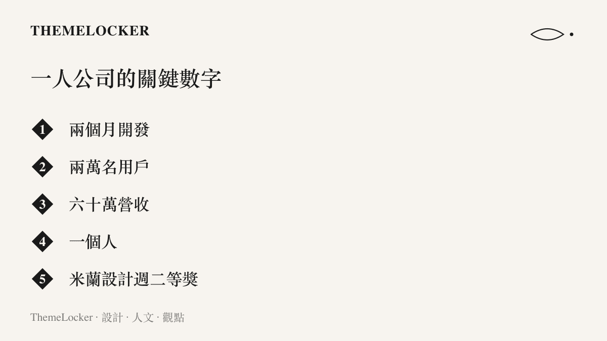 清單圖卡列出這家一人公司的五個關鍵數字，包含兩個月開發期、兩萬名用戶、六十萬營收與米蘭設計週二等獎