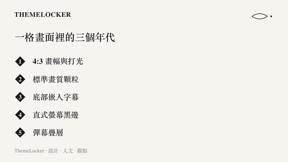 清單圖卡列出老劇考古片段在影音平臺上的視覺層次，包含 4:3 畫幅與打光、標準畫質顆粒、嵌入字幕、直式螢幕黑邊與彈幕疊層