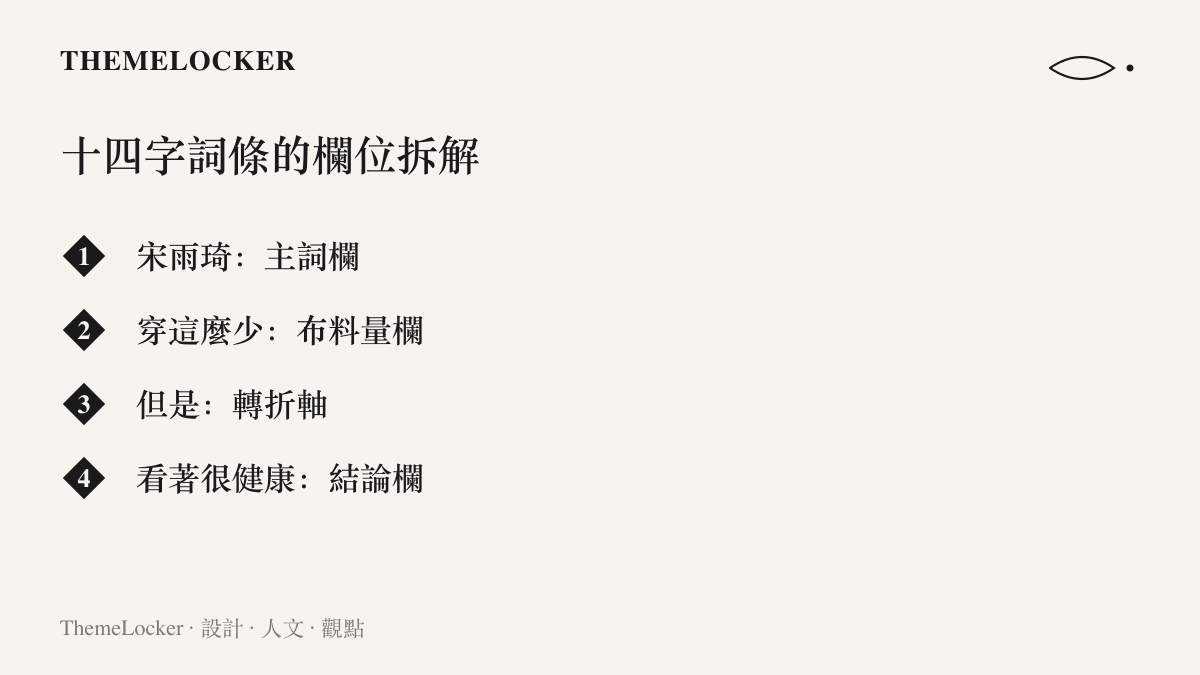圖卡把宋雨琦熱搜詞條拆成主詞、布料量、轉折軸與結論四個欄位，呈現這句話預先排好的閱讀動線