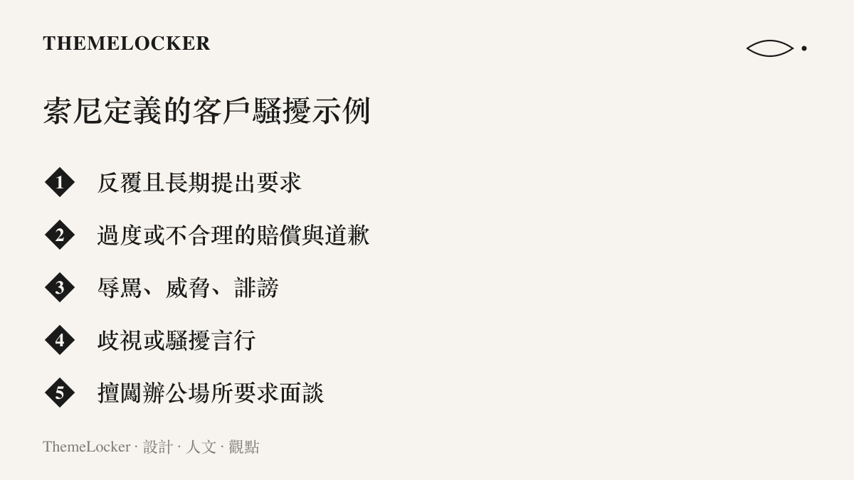 清單列舉索尼互動娛樂定義的客戶騷擾示例，從反覆長期提出要求、過度索賠道歉，到辱罵威脅與擅闖辦公場所等行為