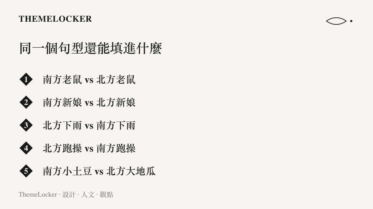 清單圖卡列出南北對決句型的五個變體題目，從老鼠、新娘、下雨到跑操與小土豆對大地瓜