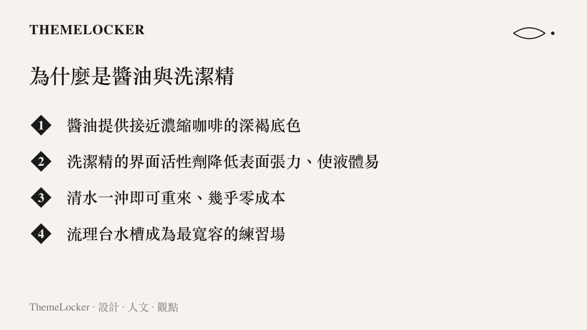 醬油與洗潔精模擬咖啡拉花的物質替代邏輯示意圖卡，列出四個關鍵原因
