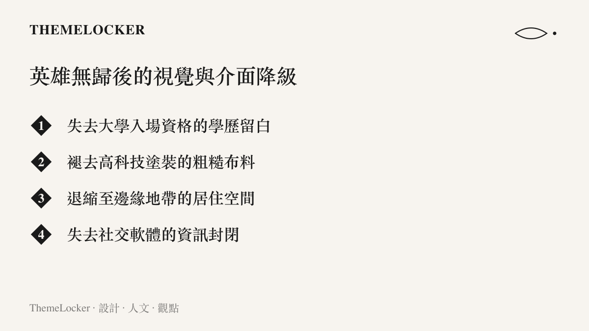 清單列點呈現蜘蛛人在最新電影中失去大學資格、裝備降級、空間退縮與社交斷聯的視覺與介面降級現象