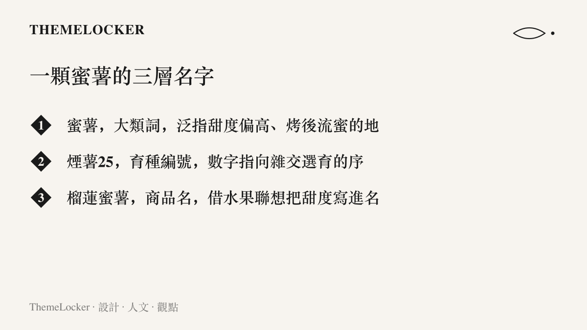 一顆蜜薯的三層命名對照，蜜薯作為大類詞、煙薯25作為育種編號、榴蓮蜜薯作為行銷商品名，三層名字共用同一行商品標題