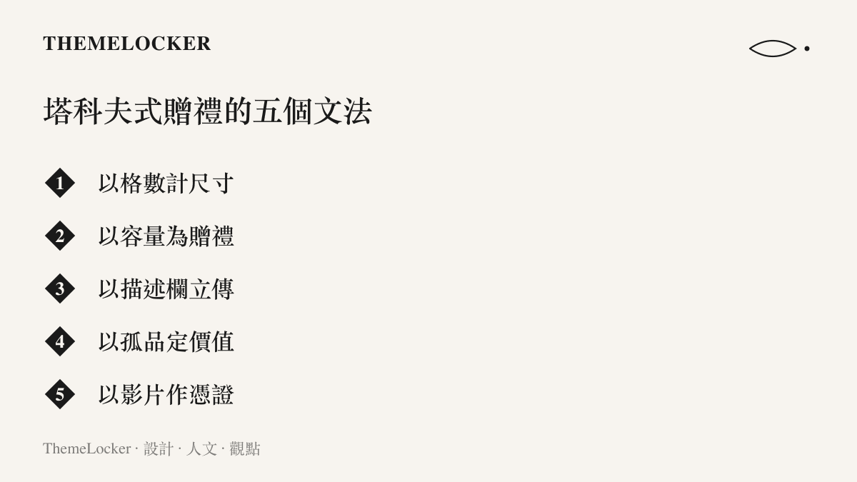 清單圖卡列舉逃離塔科夫贈禮設計的五個文法：以格數計尺寸、以容量為贈禮、以描述欄立傳、以孤品定價值、以影片作憑證