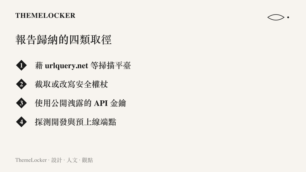 四類取徑的列舉：藉 urlquery.net 等公共掃描平臺執行程式、截取或改寫安全權杖、使用公開洩露的 API 金鑰、探測開發與預上線端點
