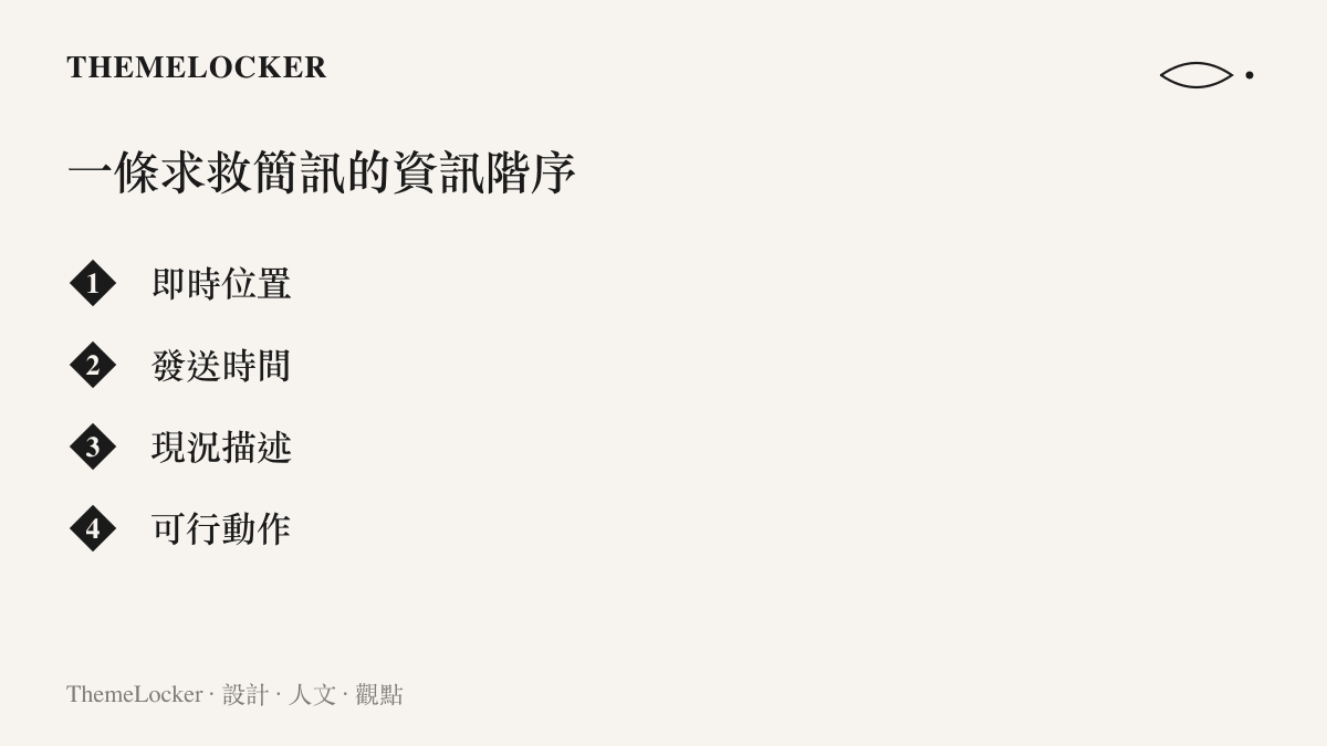 一條求救簡訊的資訊優先順序清單，依序列出即時位置、發送時間、現況描述與可行動作四個欄位
