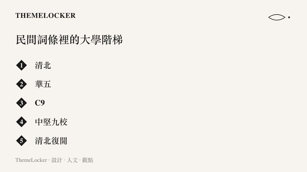 清單圖卡列出中國網友替大學分層的五組詞條，包含清北、華五、C9、中堅九校與清北復開