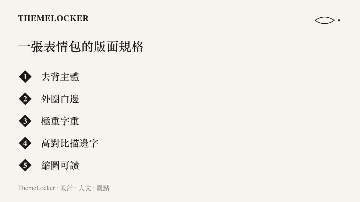 清單圖卡列出表情包的五項版面要素：去背主體、外圈白邊、極重字重、高對比描邊字，以及縮圖狀態下的可讀性