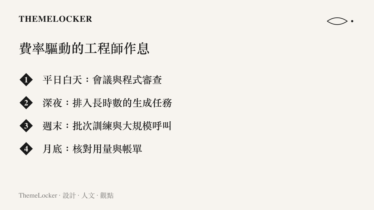 費率驅動下的工程師作息清單：平日白天處理會議與程式審查，深夜排入長時數生成任務，週末進行批次訓練與大規模呼叫，月底核對用量儀表板與帳單。