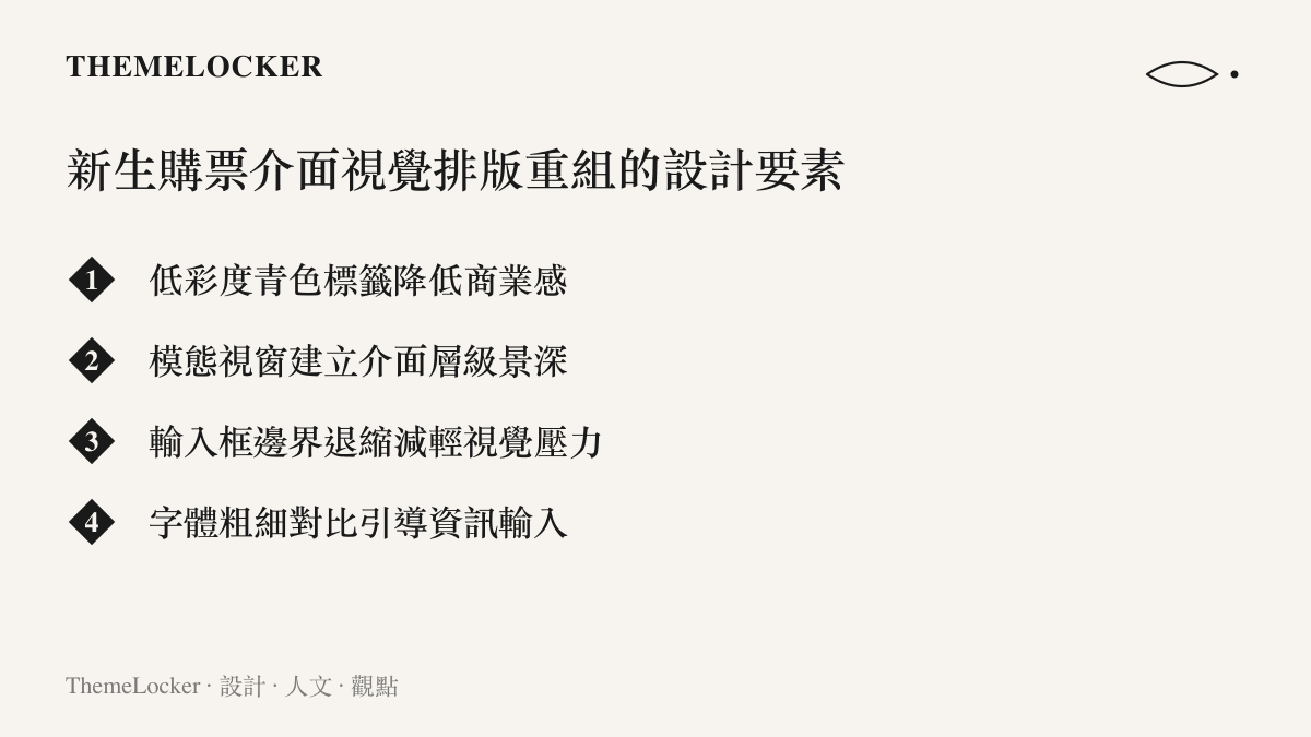 清單圖卡列出新生購票介面的四個設計要素，包含青色標籤、模態視窗、輸入框邊界與字體對比。