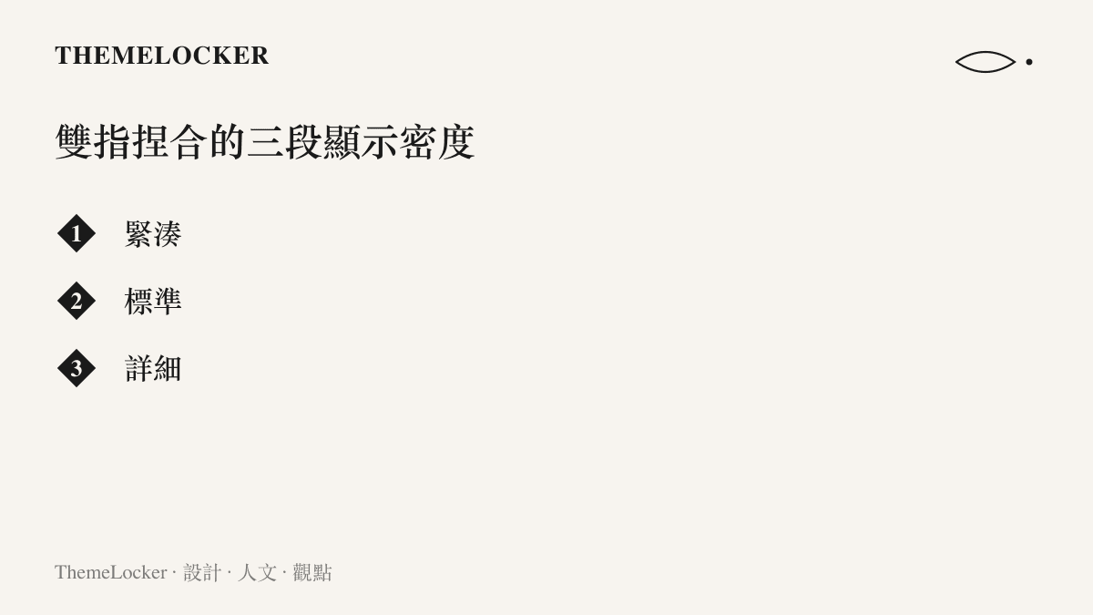 行動版 2Do 以雙指捏合在緊湊、標準、詳細三段顯示密度之間切換，即時調整任務標題行數與標籤備註的露出量