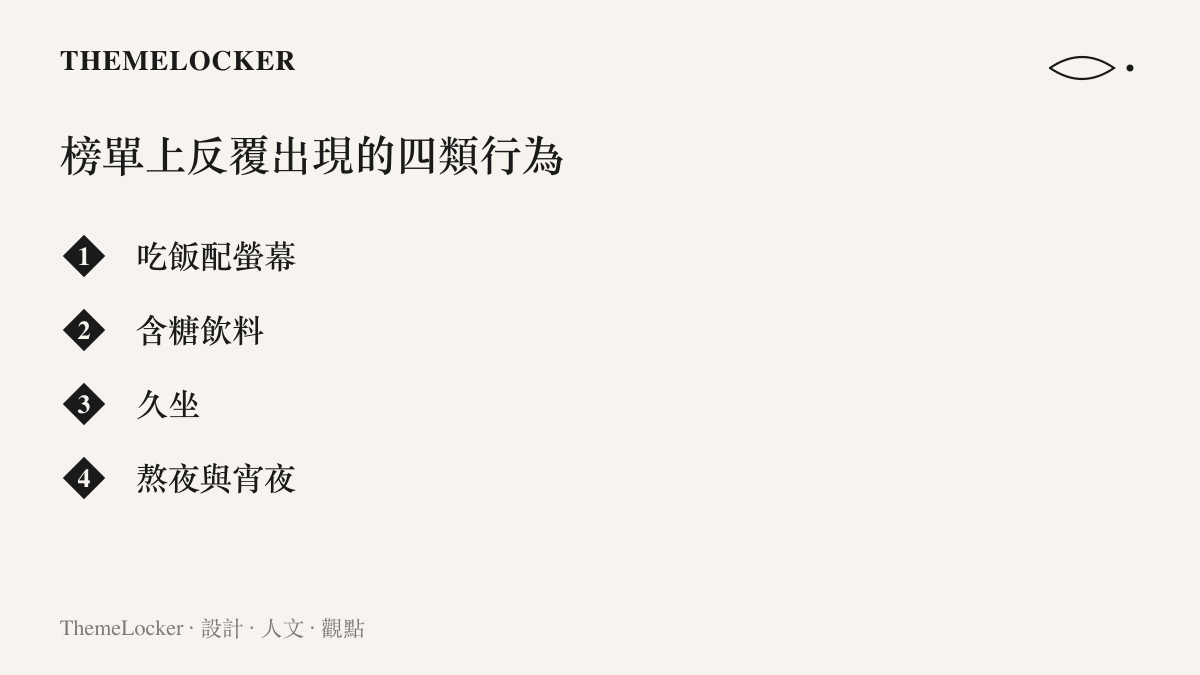 無意識長胖榜單上反覆出現的四類行為：喫飯配螢幕、含糖飲料、久坐、熬夜與宵夜