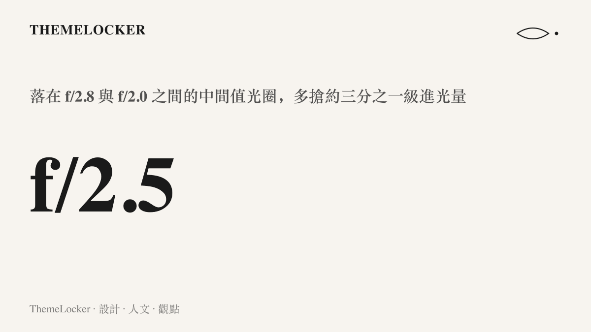 畫面呈現 40mm F2.5 的光圈數值，停在傳統 f/2.8 與 f/2.0 兩個刻度之間，說明這顆鏡頭在體積與進光量之間取的中間值設定