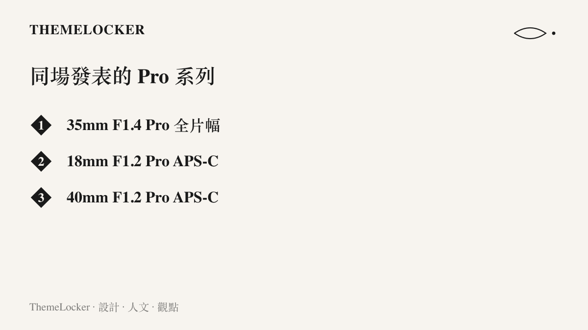 清單列出唯卓仕同場發表的三款 Pro 系列鏡頭：全片幅的 35mm F1.4 Pro，以及 APS-C 的 18mm F1.2 Pro 與 40mm F1.2 Pro