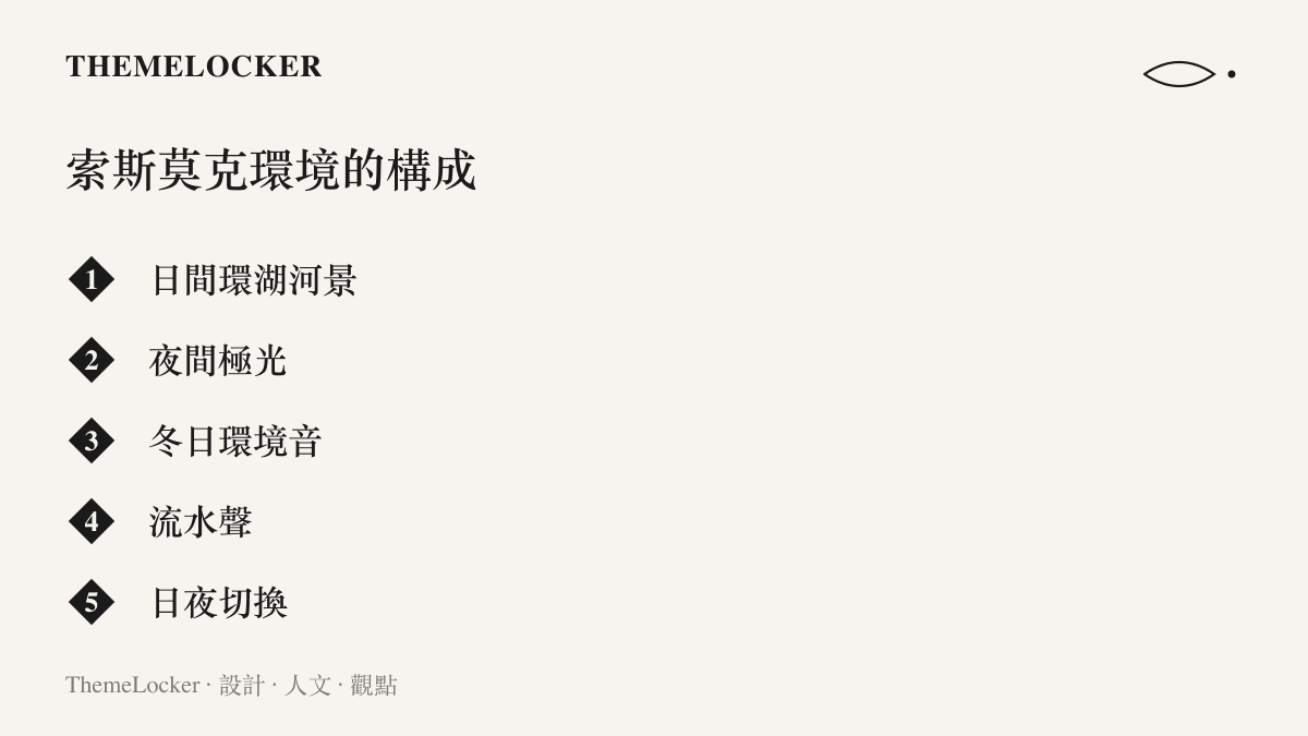 圖卡列出新環境索斯莫克的五項構成元素：日間環湖河景、夜間極光、冬日環境音、流水聲，以及日夜切換呈現的冰雪景觀