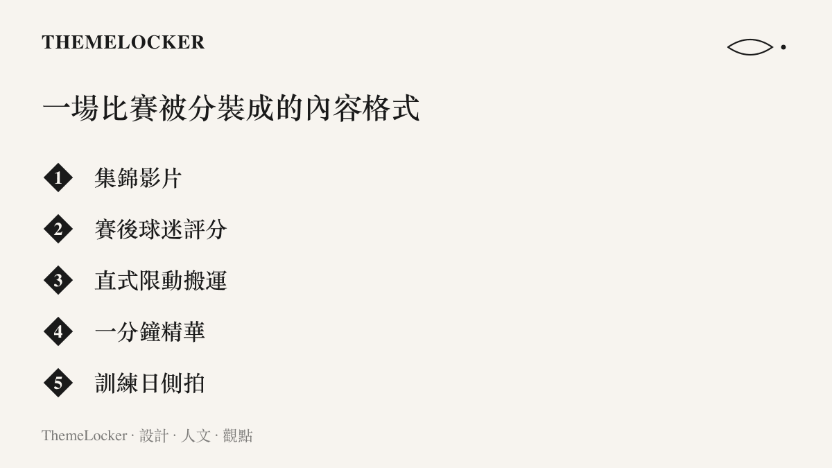 一場足球賽在影音平臺上被切成的五種內容格式，包括集錦、賽後評分影片與直式限時動態搬運