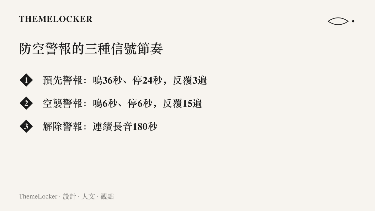 清單圖卡列出防空警報三種信號的節奏規格，預先警報鳴三十六秒停二十四秒反覆三遍，空襲警報鳴六秒停六秒反覆十五遍，解除警報連續長音一百八十秒