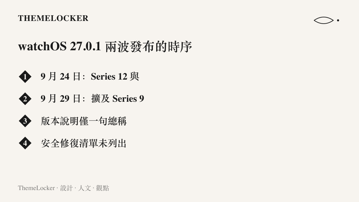 watchOS 27.0.1 分兩波發布的時序：九月二十四日先向 Series 12 與 Ultra 4 修復意外重啟問題，九月二十九日再擴及 Series 9 及後續錶款，版本說明僅一句且未列安全修復