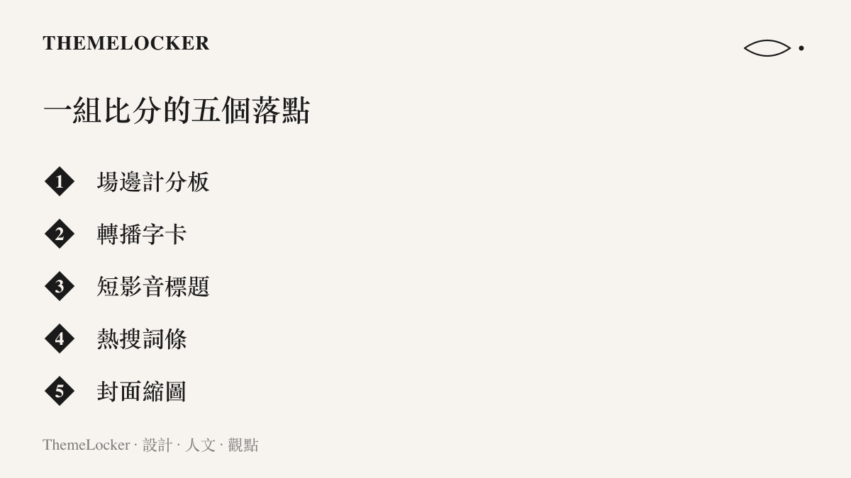 圖卡列出 101 比 94 這組比分出現的五個位置：場邊計分板、轉播字卡、短影音標題、熱搜詞條與封面縮圖