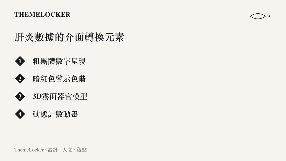 清單圖卡列出肝炎衛教宣傳介面中常見的四種視覺排版元素，包含字體、色彩與材質