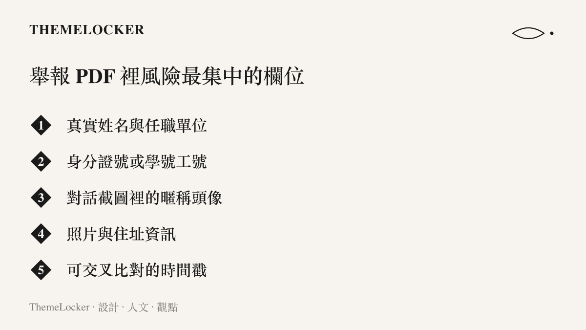 清單圖卡列舉舉報文件中個人資料密度最高的欄位，包含真實姓名與任職單位、身分證號或學號、對話截圖裡的暱稱頭像、照片住址與可交叉比對的時間戳
