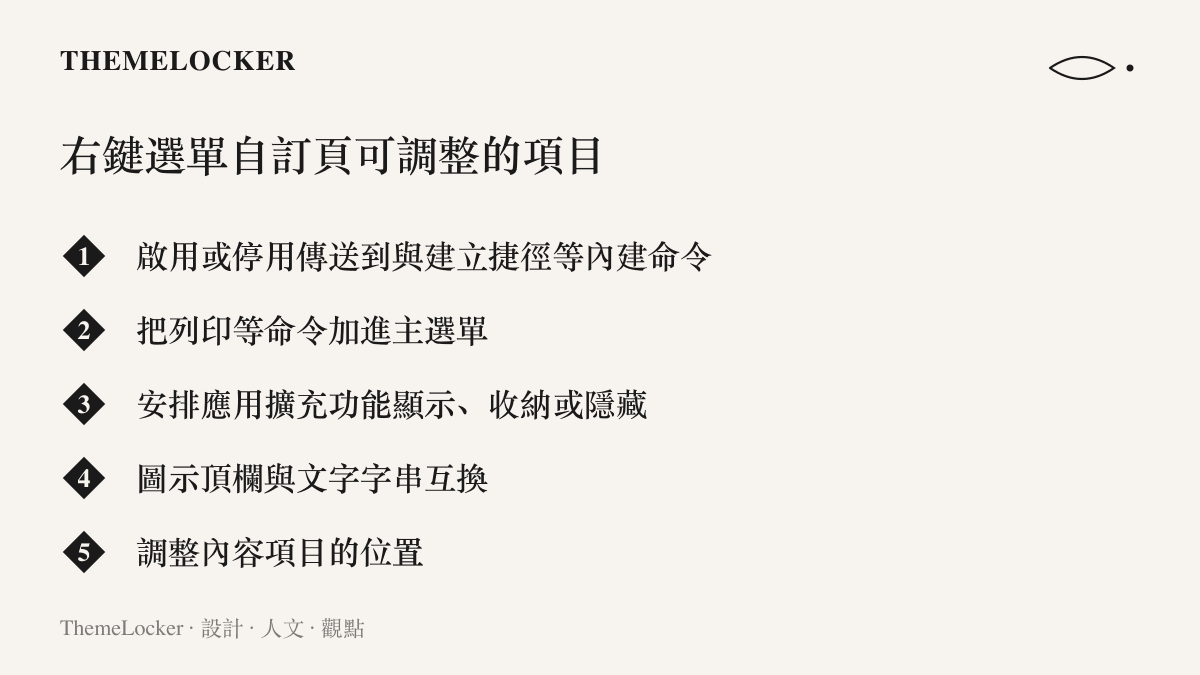清單圖卡列出 Windows 11 右鍵選單自訂頁面開放調整的五類項目，從內建命令的開關到圖示與文字的呈現互換
