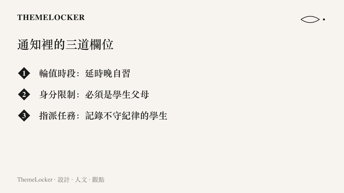 家長輪值通知的三個關鍵欄位：延時晚自習時段、輪值者必須是學生父母、任務為記錄不守紀律的學生