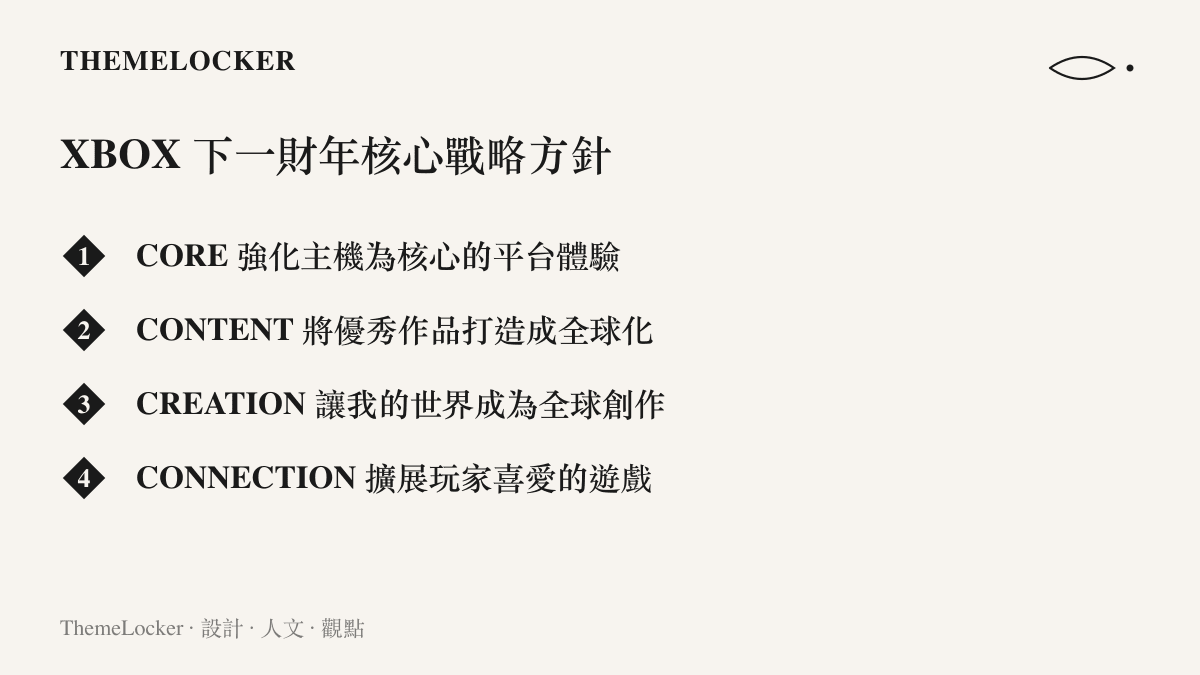 XBOX 下一財年四大核心戰略方針的清單整理，包含核心、內容、創造與連接。