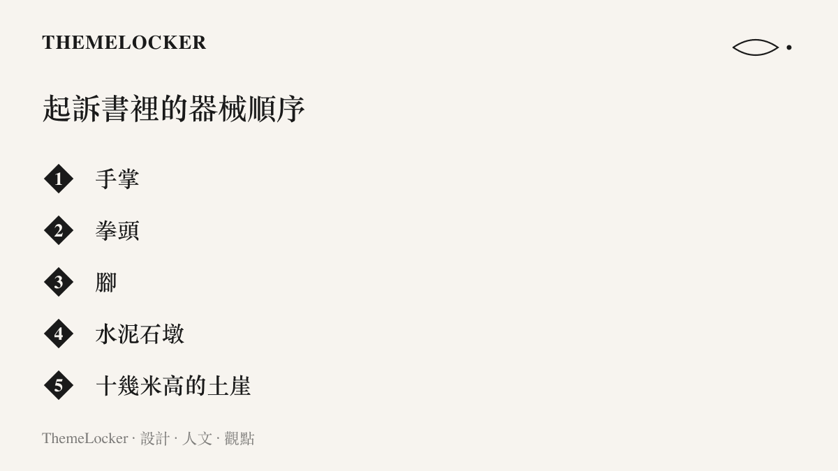 清單圖卡列出起訴書中暴力行為使用器械的先後順序，從手掌、拳頭、腳到水泥石墩與十幾米高的土崖，呈現從身體部位升級到環境的排列