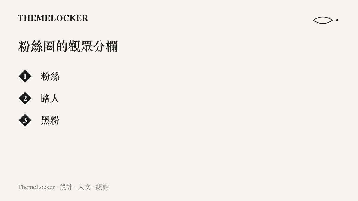 圖卡列出粉絲圈用來分類觀眾的三種身分：粉絲、路人與黑粉
