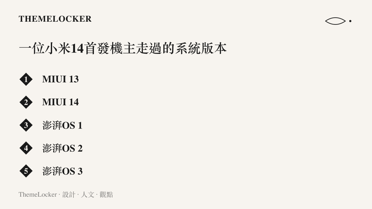 一位小米用戶依序經歷的五個系統版本，從MIUI 13與MIUI 14，到澎湃OS 1、2、3的大版本演進