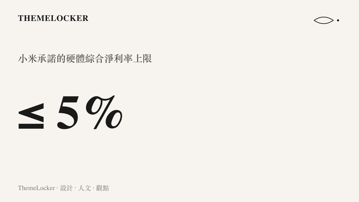 統計圖卡呈現小米自二〇一八年四月起承諾硬體綜合淨利潤率永不超過百分之五的數字上限，並註明超出部分將回饋給用戶