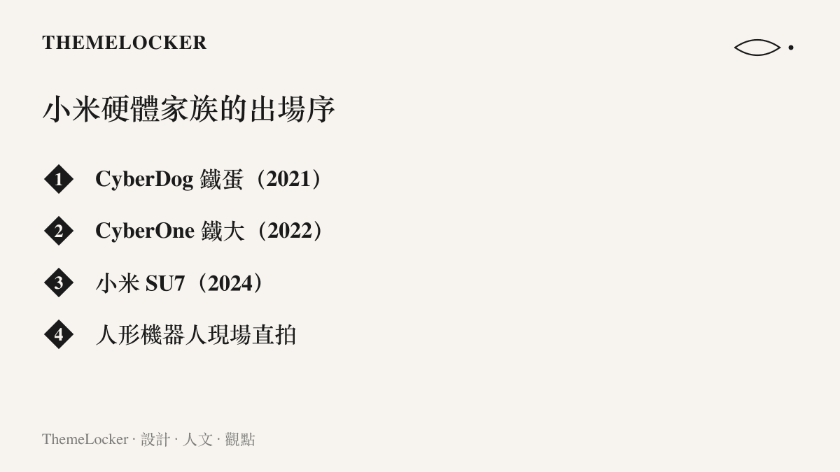 清單列出小米硬體家族的出場順序，從 2021 年的四足機器狗鐵蛋、2022 年的人形機器人鐵大，到 2024 年的 SU7 電動車與近日現場直拍的人形機器人