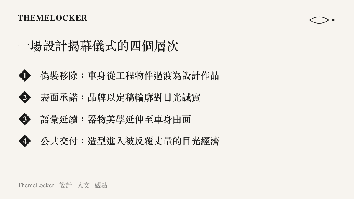 設計揭幕儀式的四個層次列表，從偽裝移除到公共交付的完整敘事結構