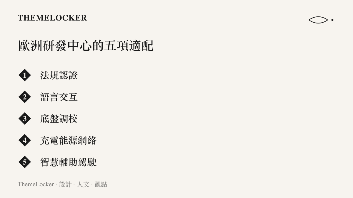 清單圖卡列出小鵬歐洲研發中心推進的五項適配工作，包含法規認證、語言交互、底盤調校、充電能源網絡與智慧輔助駕駛