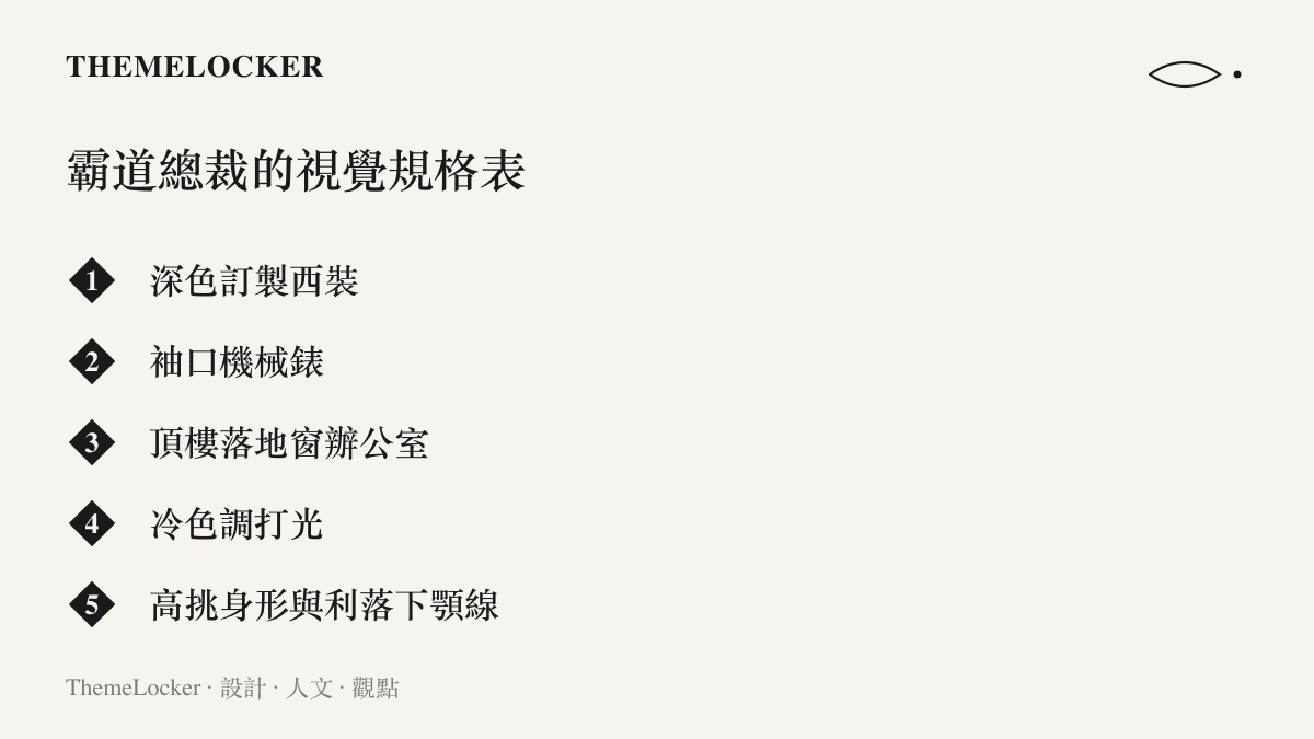 清單圖卡列出霸道總裁角色模板的五項視覺規格，包含深色訂製西裝、袖口機械錶、頂樓落地窗辦公室、冷色調打光與高挑身形利落下顎線