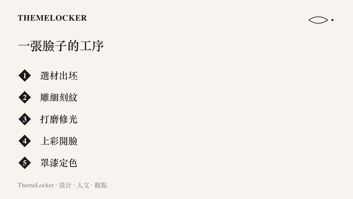 圖卡列出安順地戲面具從選材出坯、雕細刻紋、打磨修光、上彩開臉到罩漆定色的五道工序