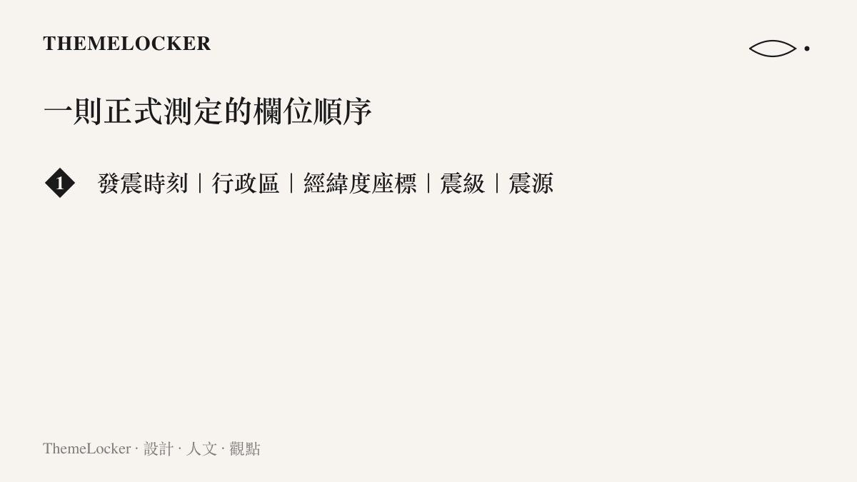 圖卡依序列出地震正式測定通報的五個欄位，從發震時刻、行政區、經緯度座標到震級與震源深度