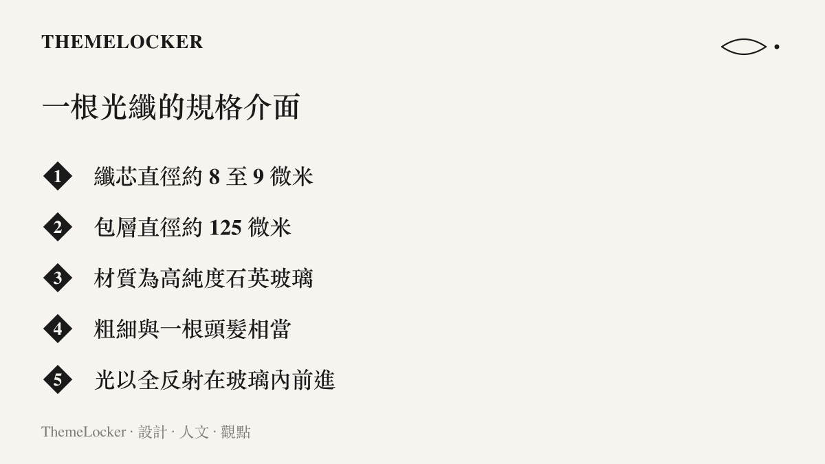 清單圖卡列出一根標準單模光纖的規格，包括纖芯約八至九微米、包層約一百二十五微米、高純度石英玻璃材質，以及光以全反射方式前進的傳輸原理