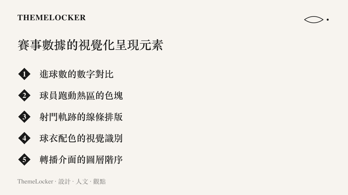 一張名為賽事數據的視覺化呈現元素的清單圖卡，詳細列出進球數、熱區色塊與球衣配色等五項與轉播畫面相關的視覺排版項目