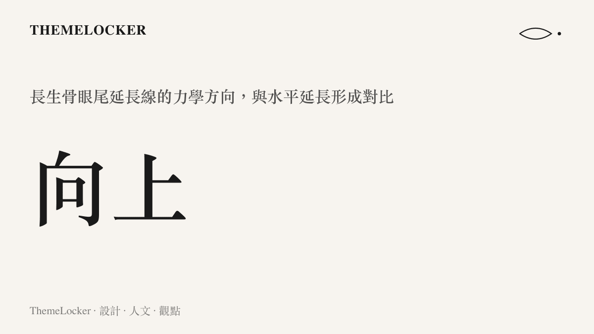 長生骨眼妝眼尾延長線的力學方向示意，說明其向上提拉的設計意圖