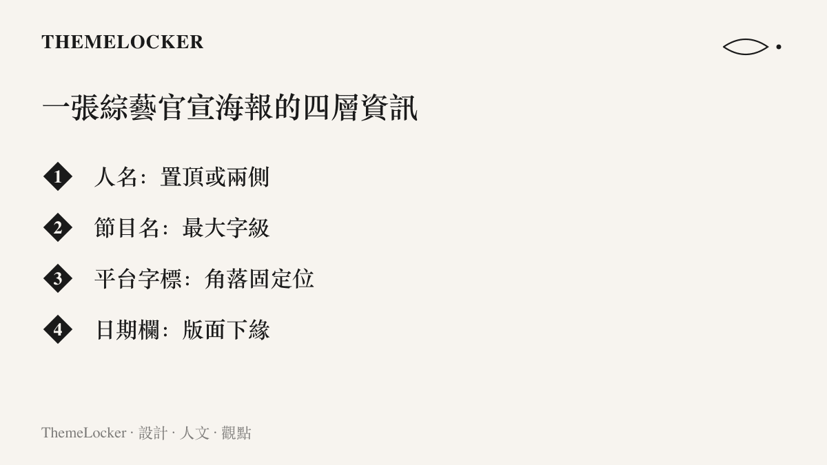 清單圖卡列舉綜藝官宣海報由主到次的四層資訊排法，包括置頂人名、最大字級的節目名、角落的平臺標誌與下緣的日期欄