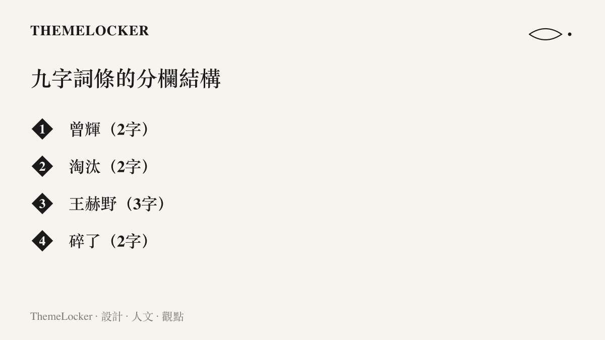 把九字熱搜詞條曾輝淘汰王赫野碎了拆成曾輝、淘汰、王赫野、碎了四段欄位，標注各段字數與賽果心情的分工