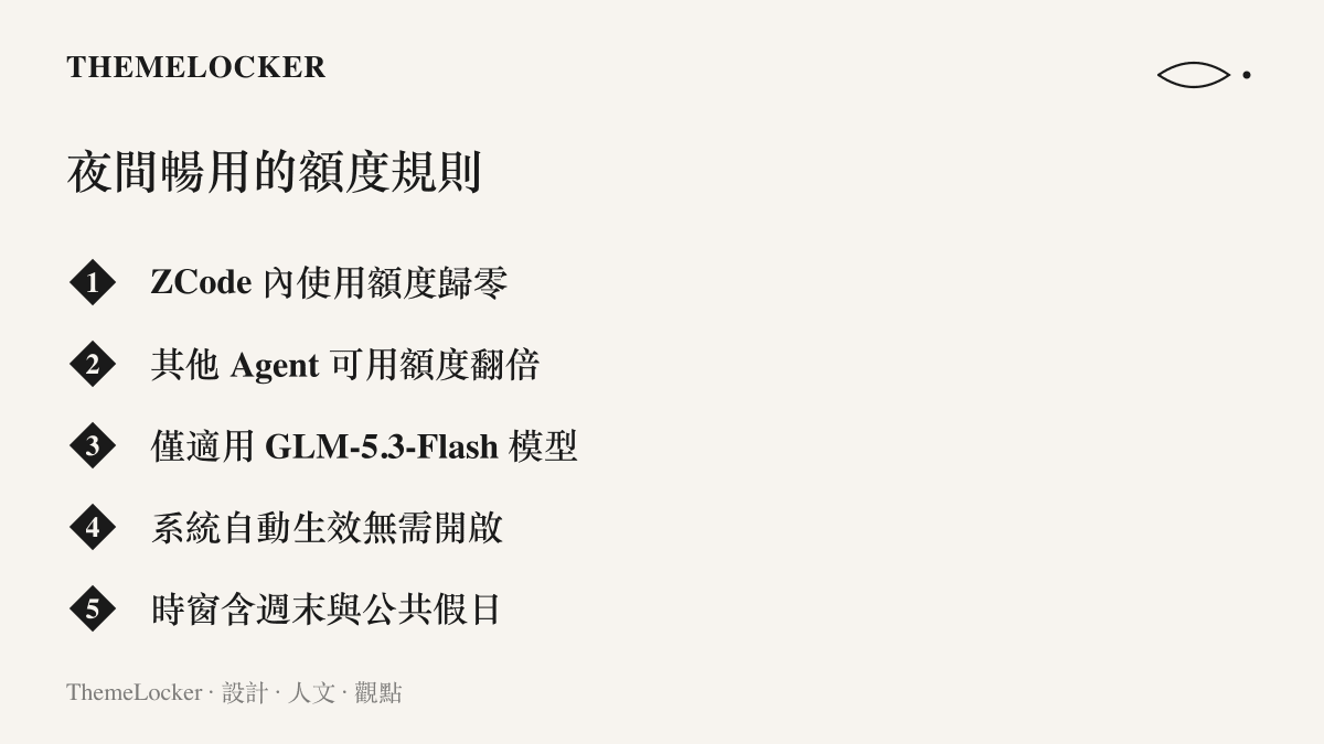 清單圖卡列出 GLM-5.3-Flash 夜間暢用的五項規則，包含 ZCode 免費、其他代理額度翻倍、限定制式型號、自動生效與假日照常適用