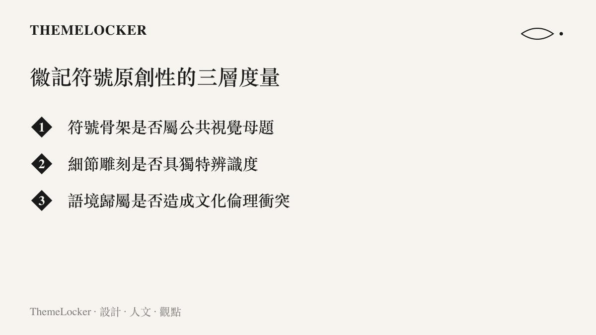 徽記符號原創性判斷的三個層次清單圖卡，涵蓋骨架辨識與語境歸屬