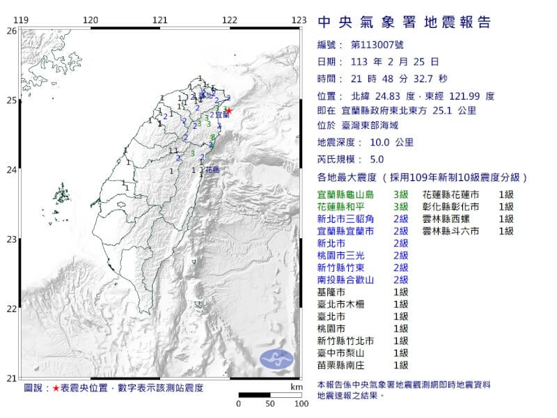 台灣東部海域25日晚間9時48分發生芮氏規模5地震。（圖取自中央氣象署網頁cwa.gov.tw）