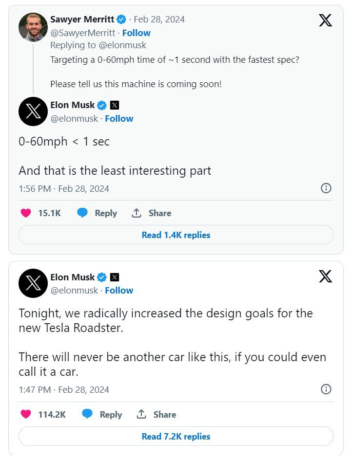馬斯克表示Tesla Roadster量產車0-96km/h加速不到1秒就能完成...